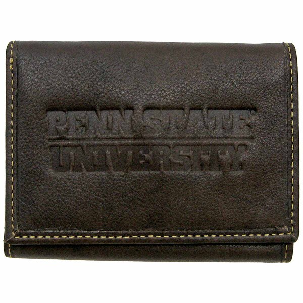 coffee colored leather tri-fold wallet with embossed Penn State University